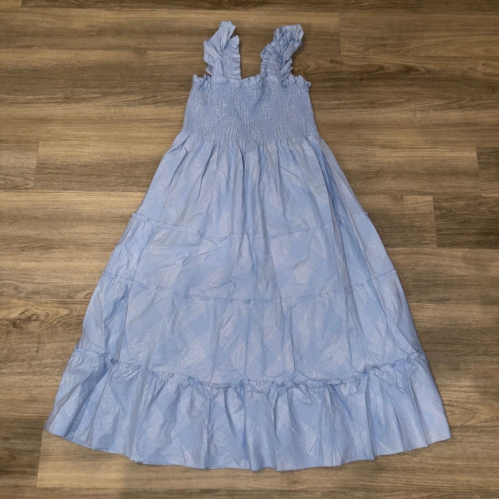 Hill House Home Ellie Nap Dress XL Light Blue Silver Metallic Lurex Smocked Midi